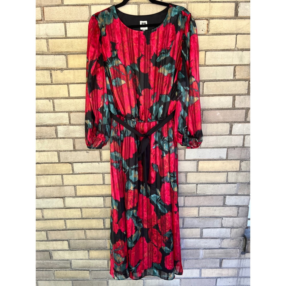 Anne Klein Woman Red Floral Pleated Metallic Stripe Midi Dress Size 2X NWT $159